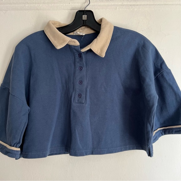 Mo Vint cropped open collar loose fit  top size Small blue. - Picture 6 of 10